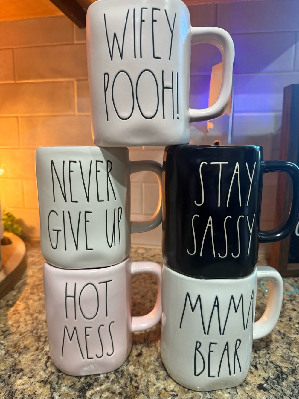 Ceramic Stackable Phrase Mugs - White, Black, Light Pink